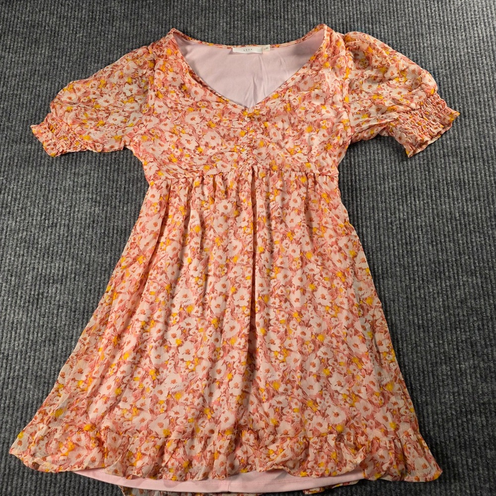 Lush Pink Orange‎ Floral Babydoll Mini Dress V-Neck Puff Sleeve Small